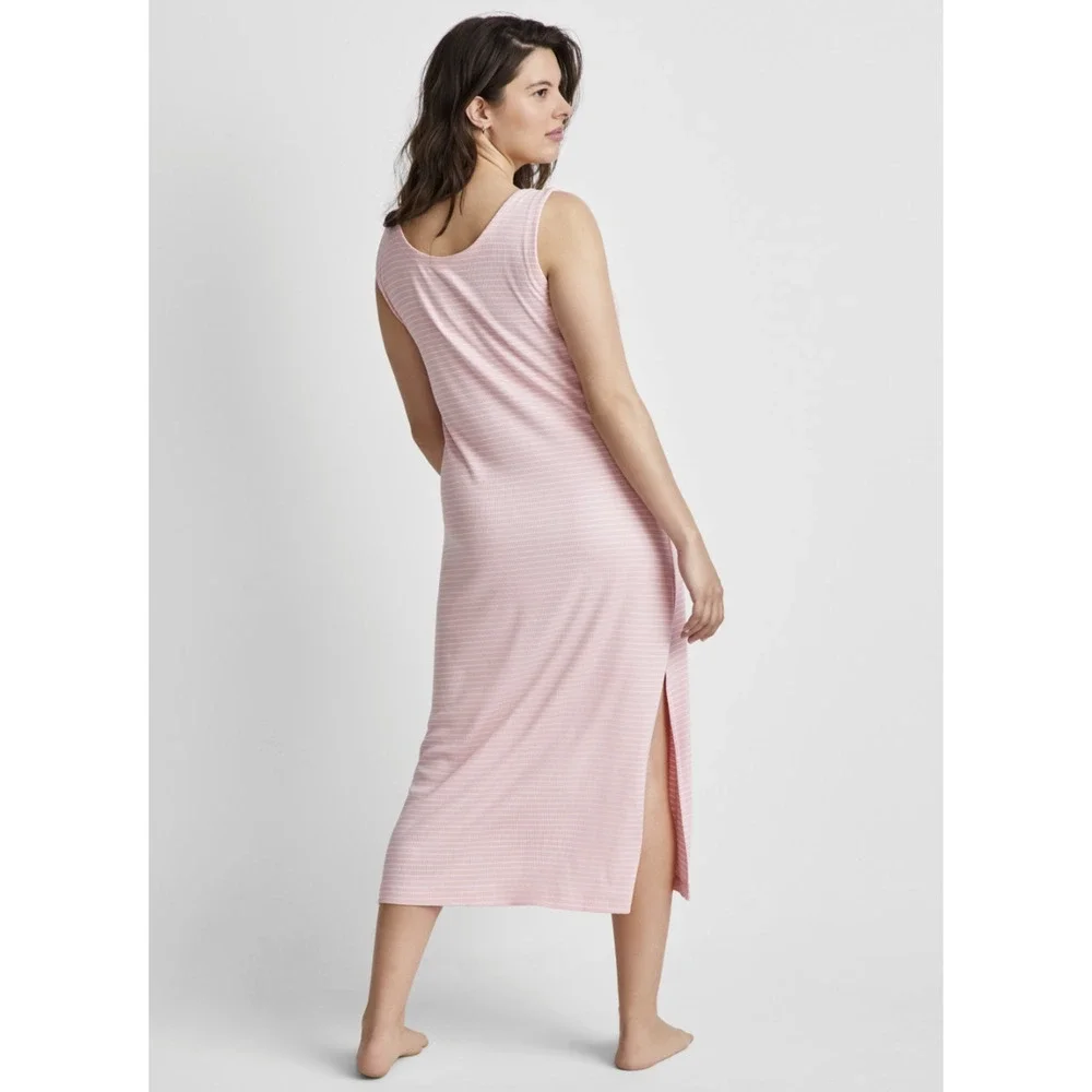 State of Day Women Ribbed Modal Blend Tank Nightgown Stripe Satin Pink Size M
